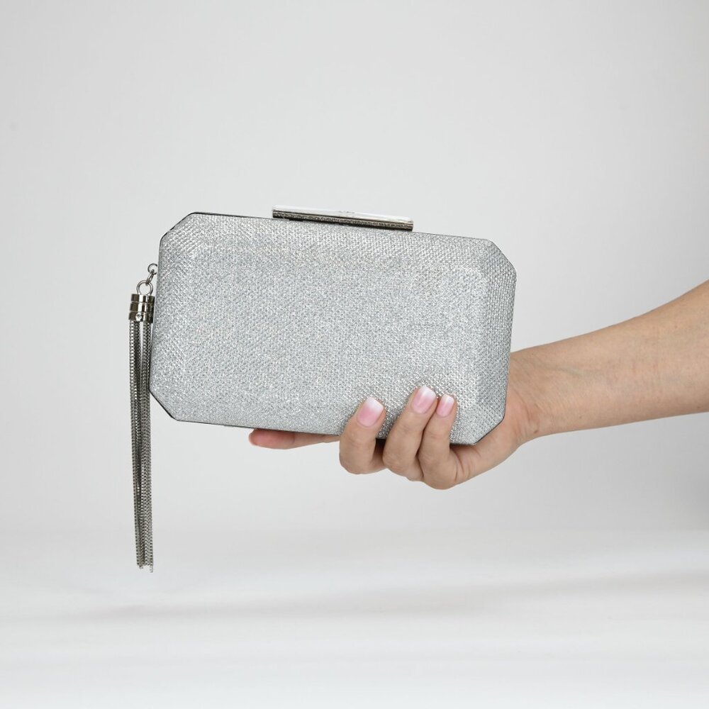 Nina Bellaria Geometric Minaudiere Bag / Clutch with Tassle - Silver